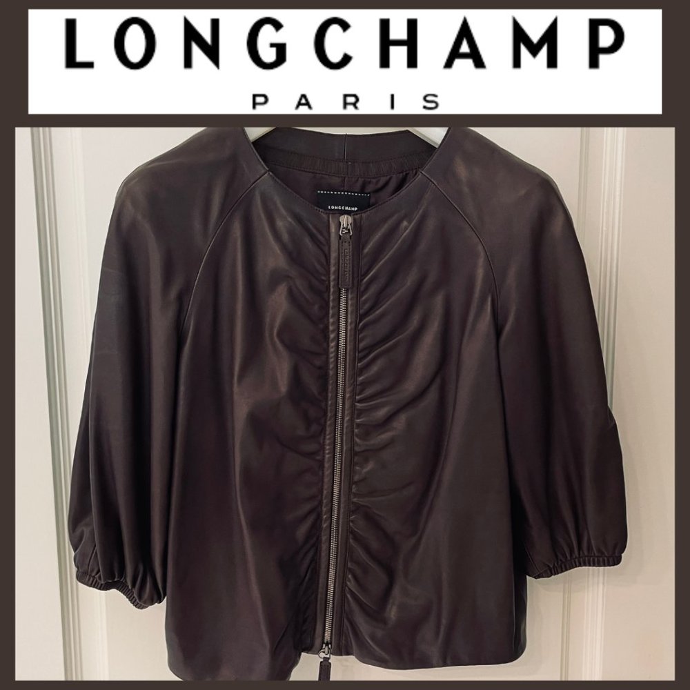 ❤️ LONGCHAMP PARIS DESIGNER LUXURY LAMB KIDSKIN LEATHER CROPPED RUCHED JACKET - Picture 1 of 14